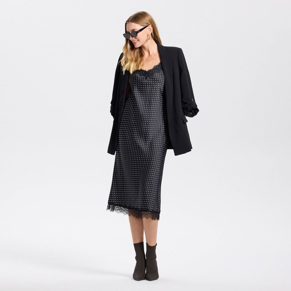 Women's Sleeveless Satin Spray Midi Slip Dress - A New Day™ Black Dots